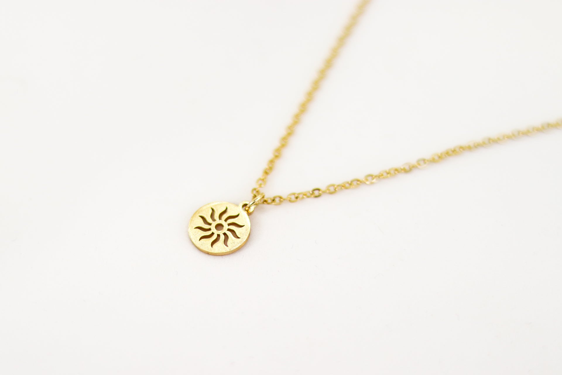 Gold tone circle sun necklace for women, stainless steel chain necklace