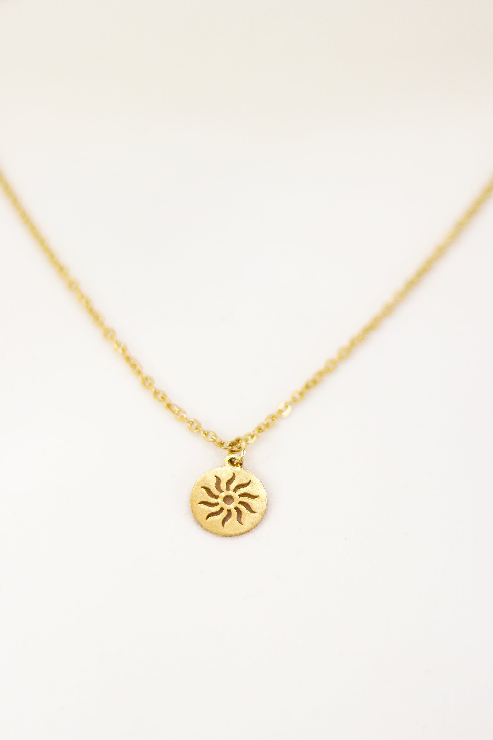 Gold tone circle sun necklace for women, stainless steel chain necklace