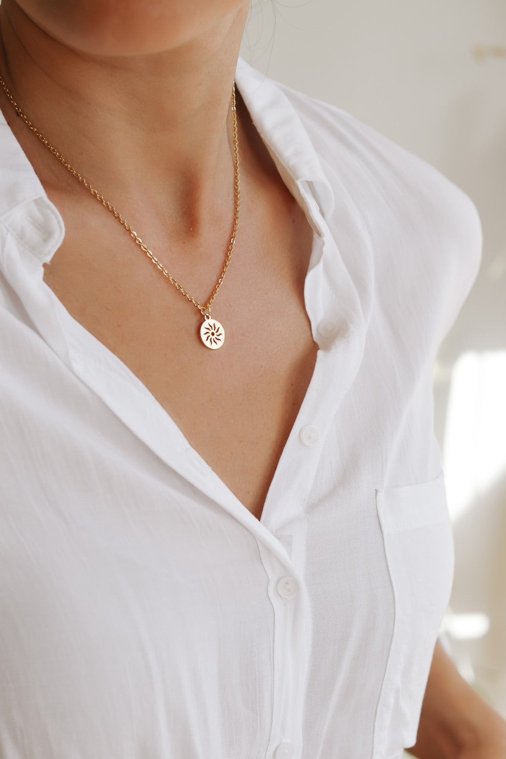 Gold tone circle sun necklace for women, stainless steel chain necklace