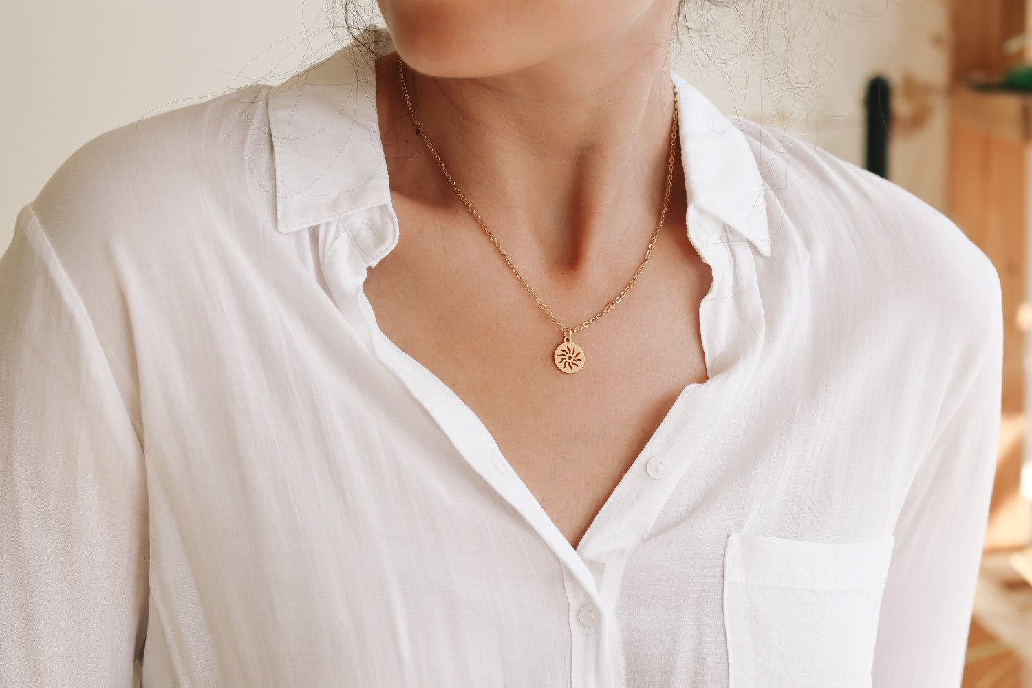 Gold tone circle sun necklace for women, stainless steel chain necklace