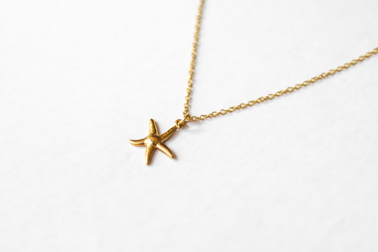 Gold starfish necklace, small pendant, stainless steel chain necklace, beach starfish, bridesmaids gift for her, minimalist, Layering