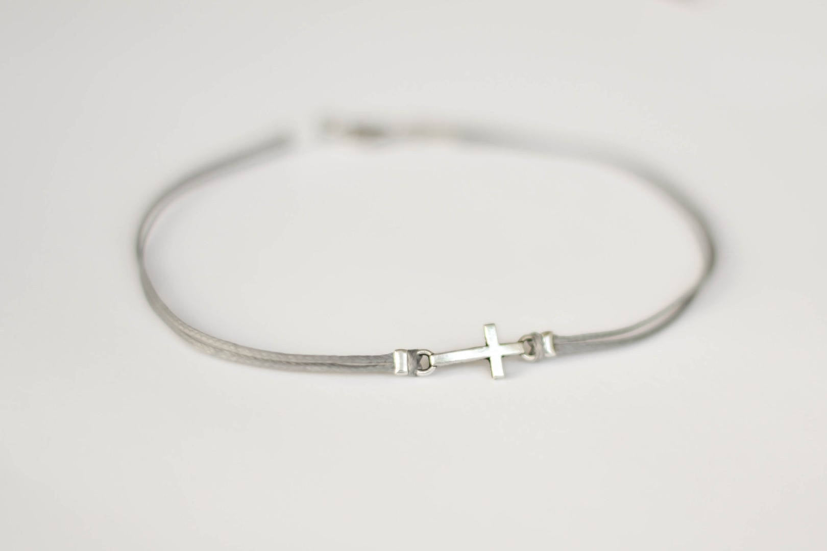 Silver cross anklet for men, gray cord, Valentine's day gift for him - shani-adi-jewerly