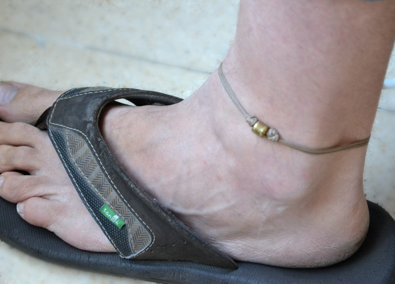 Bronze tube anklet for men, brown cord - shani-adi-jewerly