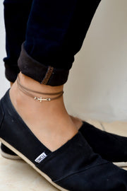 Ankle bracelet with silver cross charm, womens brown anklet - shani-adi-jewerly