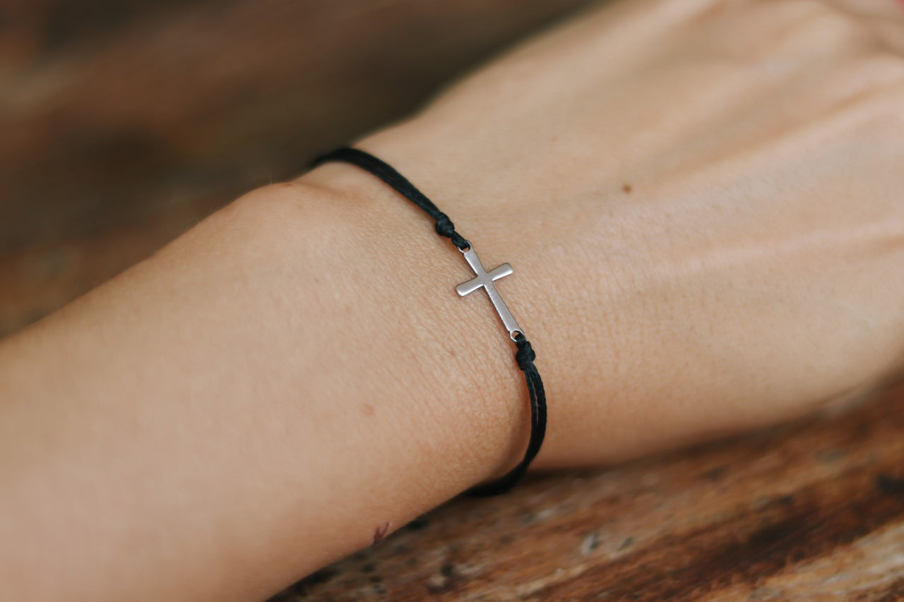 handmade silver cross bracelet for women, black cord - shani and adi jewelry