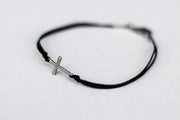 handmade silver cross bracelet for men, black cord - shani and adi jewelry