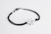 handmade silver Star of David bracelet for women, black cord - shani and adi jewelry