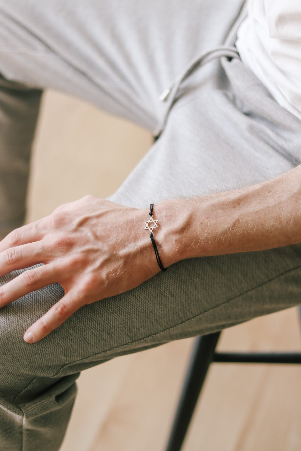 silver Star of David bracelet for men black cord - shani and Adi Jewelry