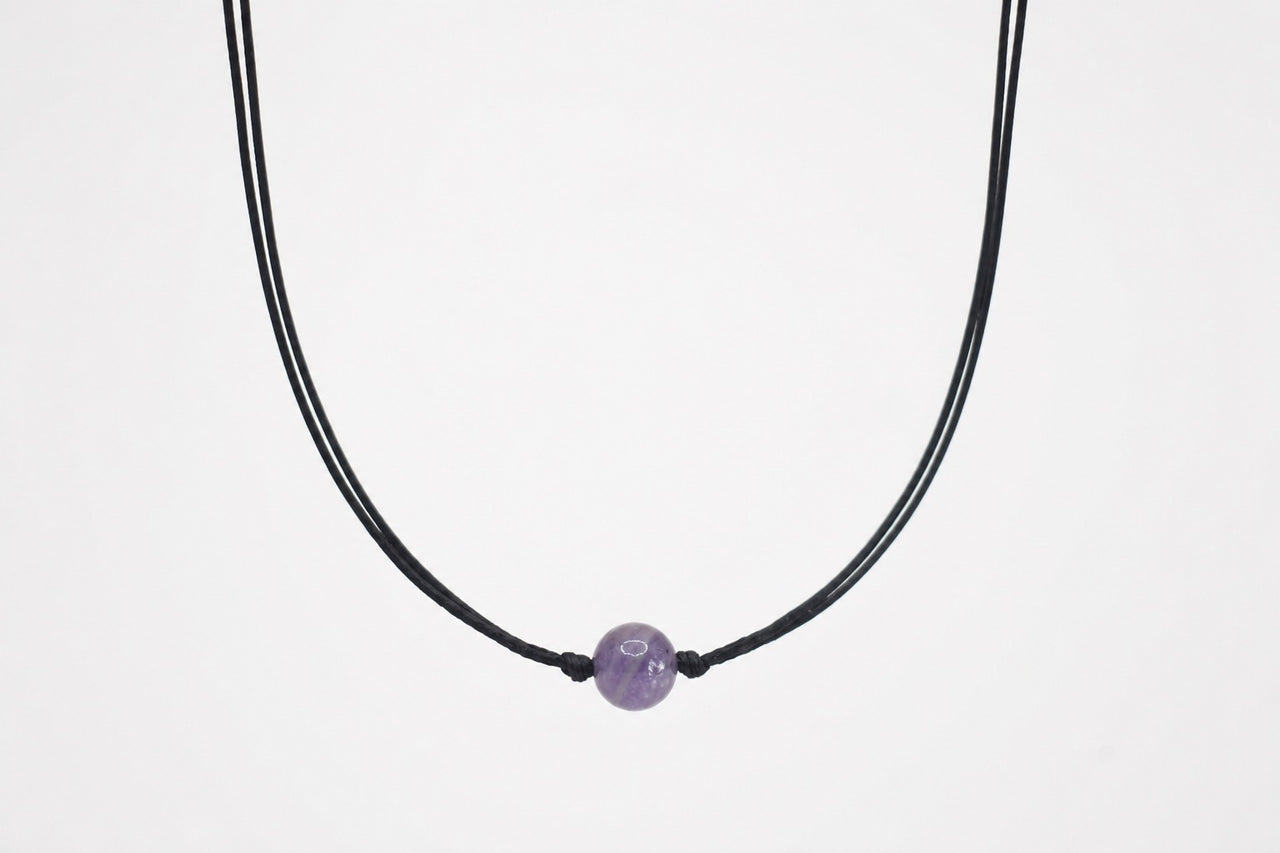 Amethyst necklace for men, February birthstone gift for him, purple stone bead black cord string
