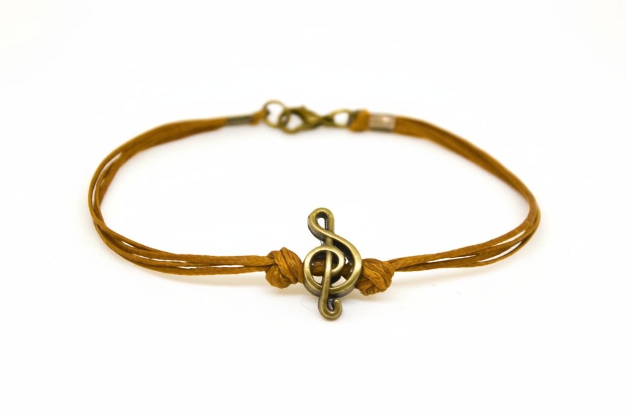 Bracelet with a bronze music note charm on a white background