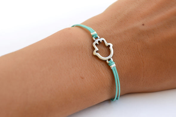 Blue cord bracelet with silver Hamsa charm, evil eye protection, mothers day gift