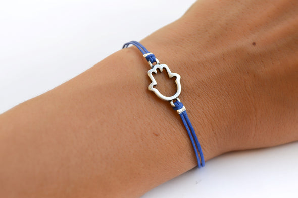 Blue cord bracelet with silver Hamsa charm, evil eye protection, mothers day gift