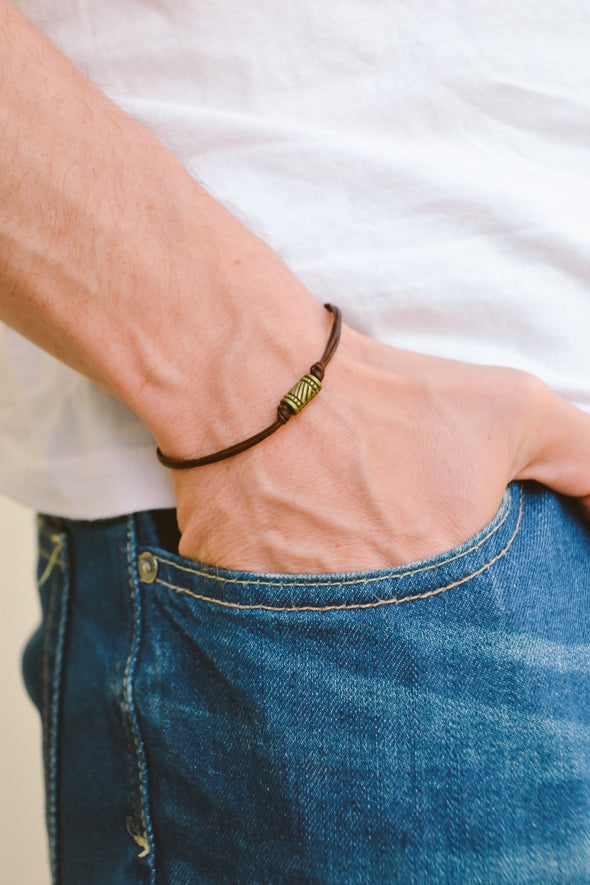 Bronze bead bracelet for men, blue string, minimalist jewelry for him, custom handmade gift