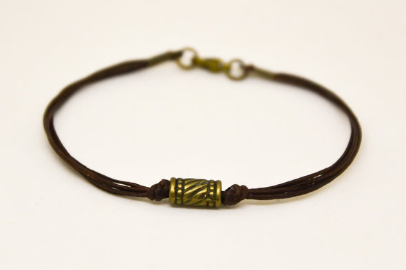 Bronze bead bracelet for men, blue string, minimalist jewelry for him, custom handmade gift