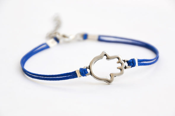 Blue cord bracelet with silver Hamsa charm, evil eye protection, mothers day gift