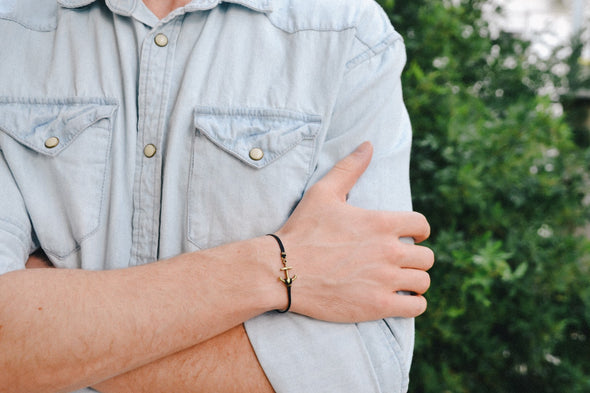 Bronze anchor bracelet for men, black cord, custom color and size, gift for him