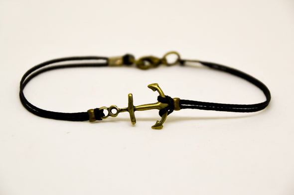 Bronze anchor bracelet for men, black cord, custom color and size, gift for him