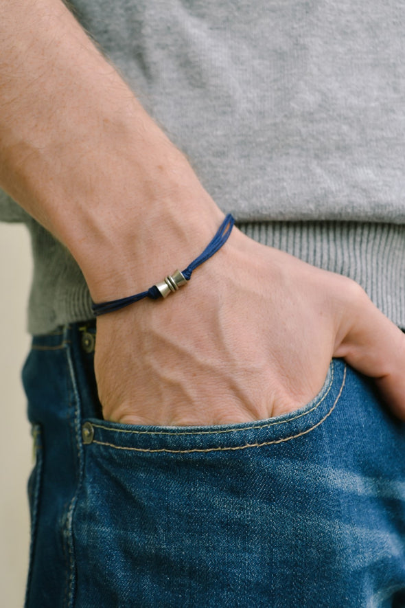 Black cord bracelets for men, silver tube charm for him, gift for him, gift wrapped