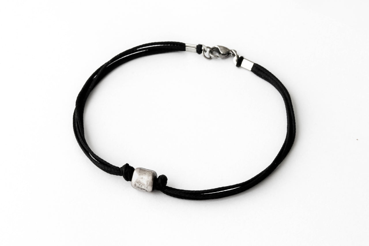 Silver tube bead charm bracelet for men, black cord