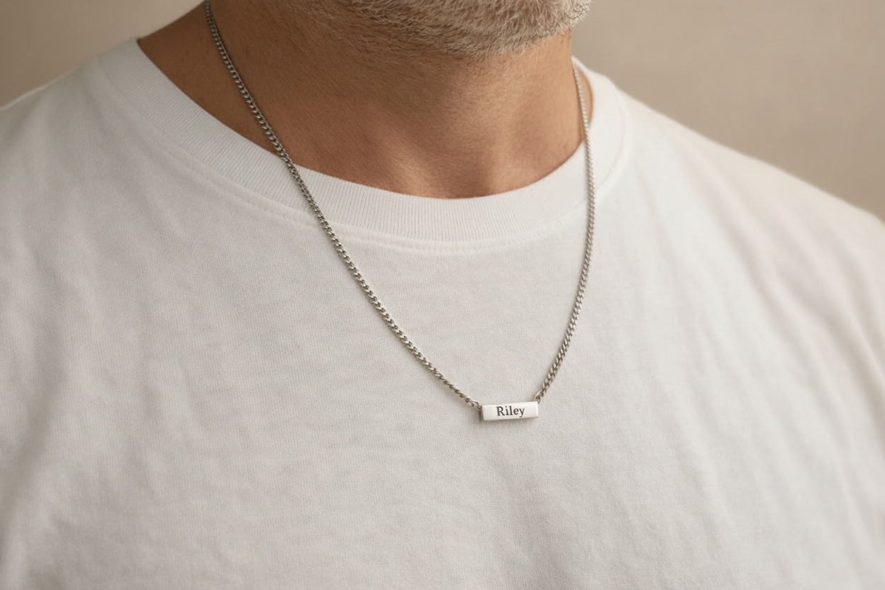 Person wearing a silver necklace with a name pendant on a plain background Personalized Gift Name Necklace For Men Waterproof Stainless Steel Chain Silver Custom Engraved Jewelry Father's Day Gift