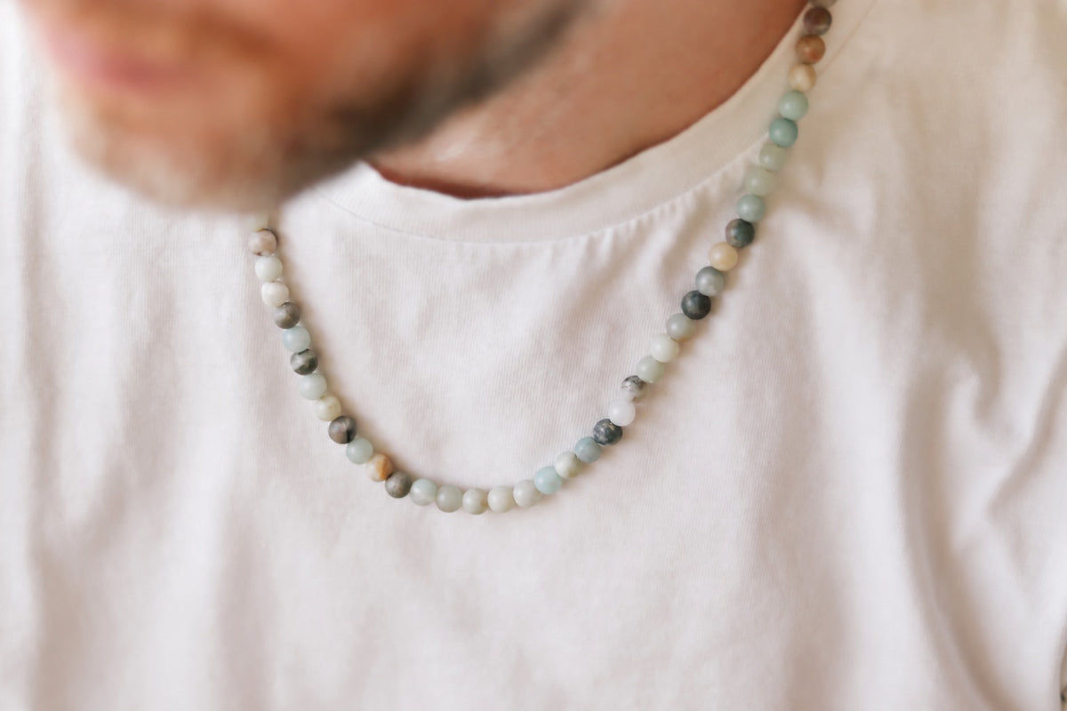 Amazonite necklace for men, beaded necklace, men's necklace with stone beads, 6mm beads, good luck, adjustable, gift for him, mens jewelry