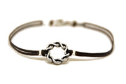 Karma bracelet for men with a silver braided circle charm, brown cord