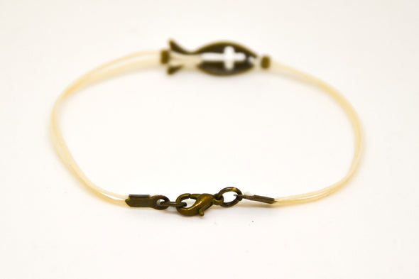 Bronze Cross fish bracelet for men, black cord, christian gift for him