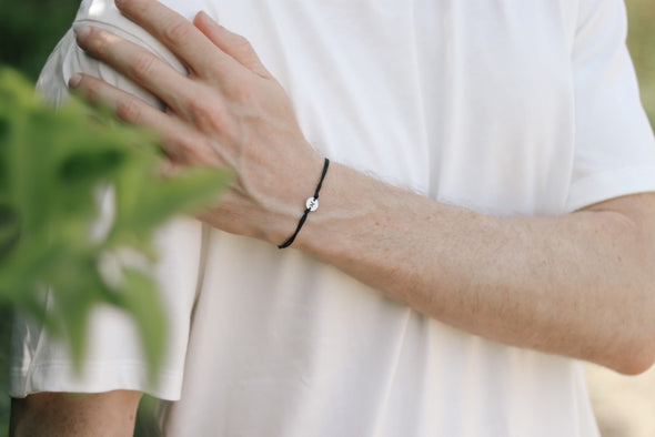 Initial bracelet for men, personalised men's bracelet, silver engraved circle charm, letter black string, Hebrew, custom gift for him