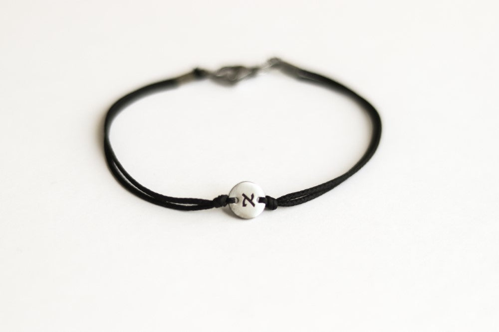 Initial personalised bracelet, stainless steel engraved round charm, black string, Hebrew, custom gift for her
