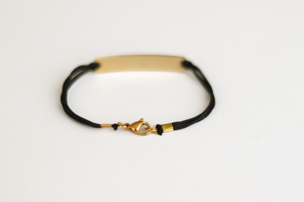 Initial bracelet, customise men's bracelet, gold engraved name charm, letter black cord, Personalised monogram bracelet for men gift for him