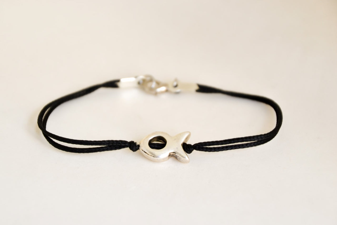 Men's Bracelet with a Silver Tone Fish Bead Charm, Black Cord
