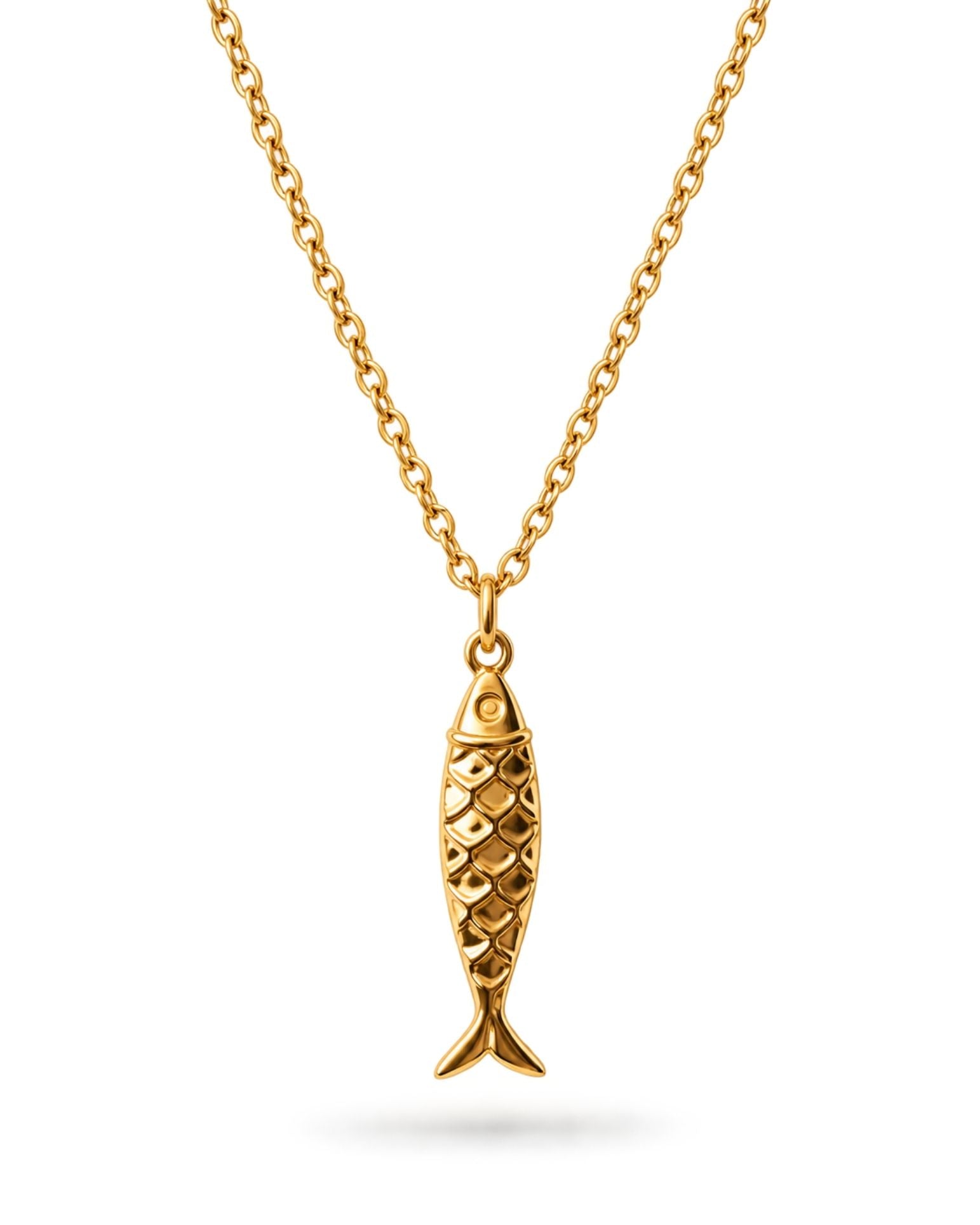 Fish chain necklace for men, stainless steel gold tone pendant, fisherman gift for him