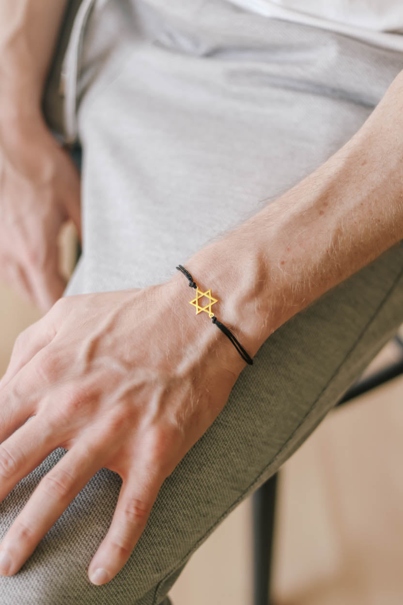 Star of David Bracelet for Men Gold Tone Charm Jewish Gift for Him Custom String Color Size