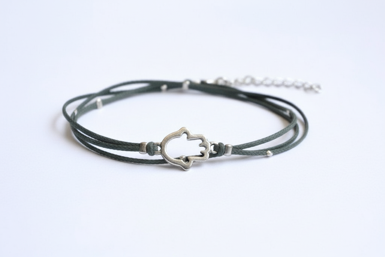 Wrapped ankle bracelet with a silver plated Hamsa hand charm, gift for her