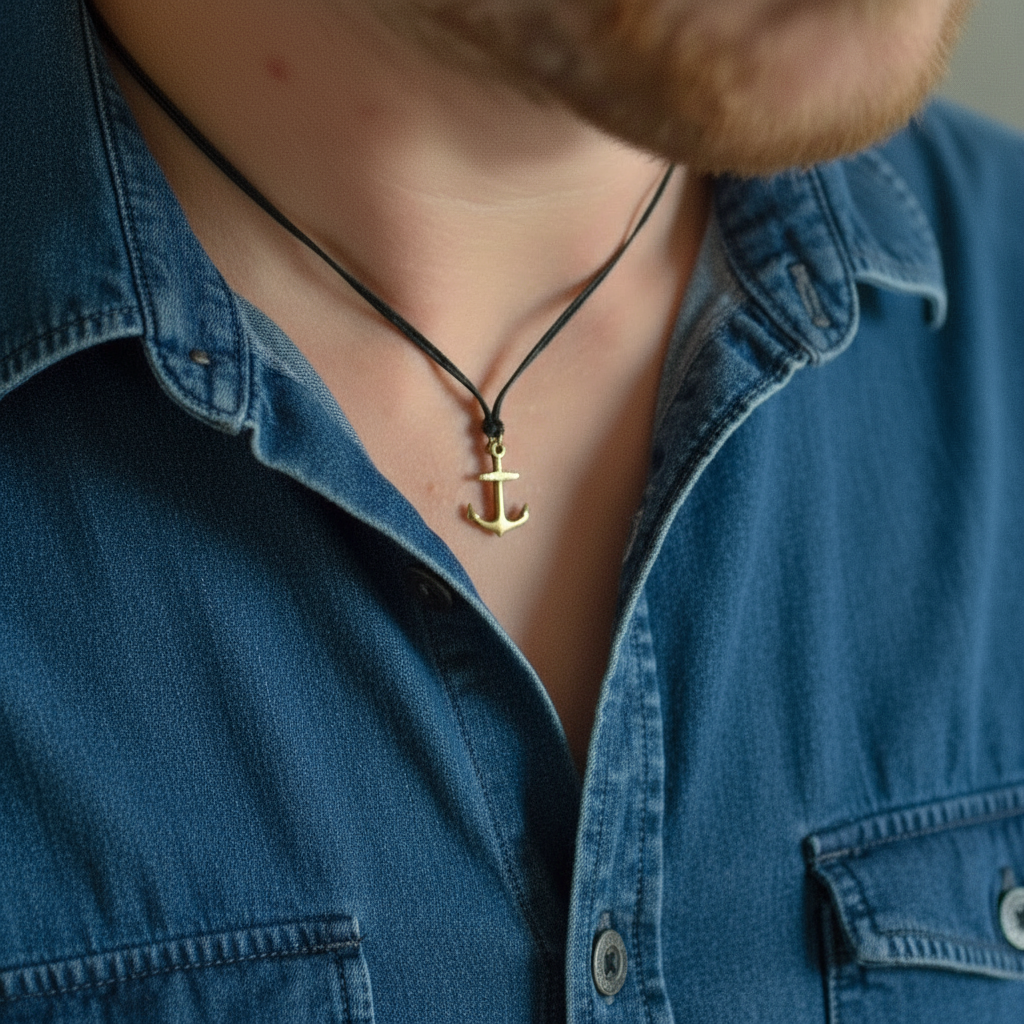 Person wearing a blue shirt with a bronze anchor pendant necklace.