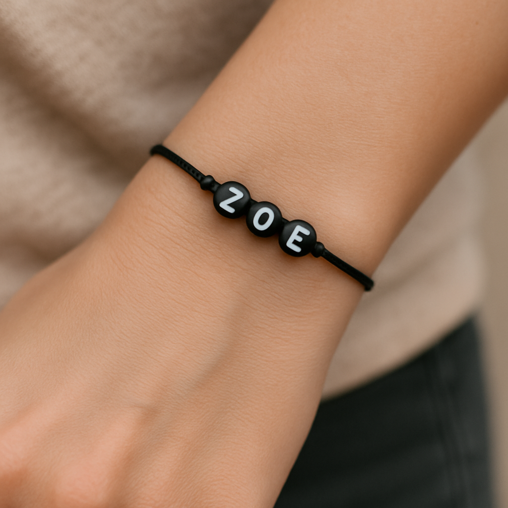 Name bracelet for women, customise women's bracelet, initial black letters round beads