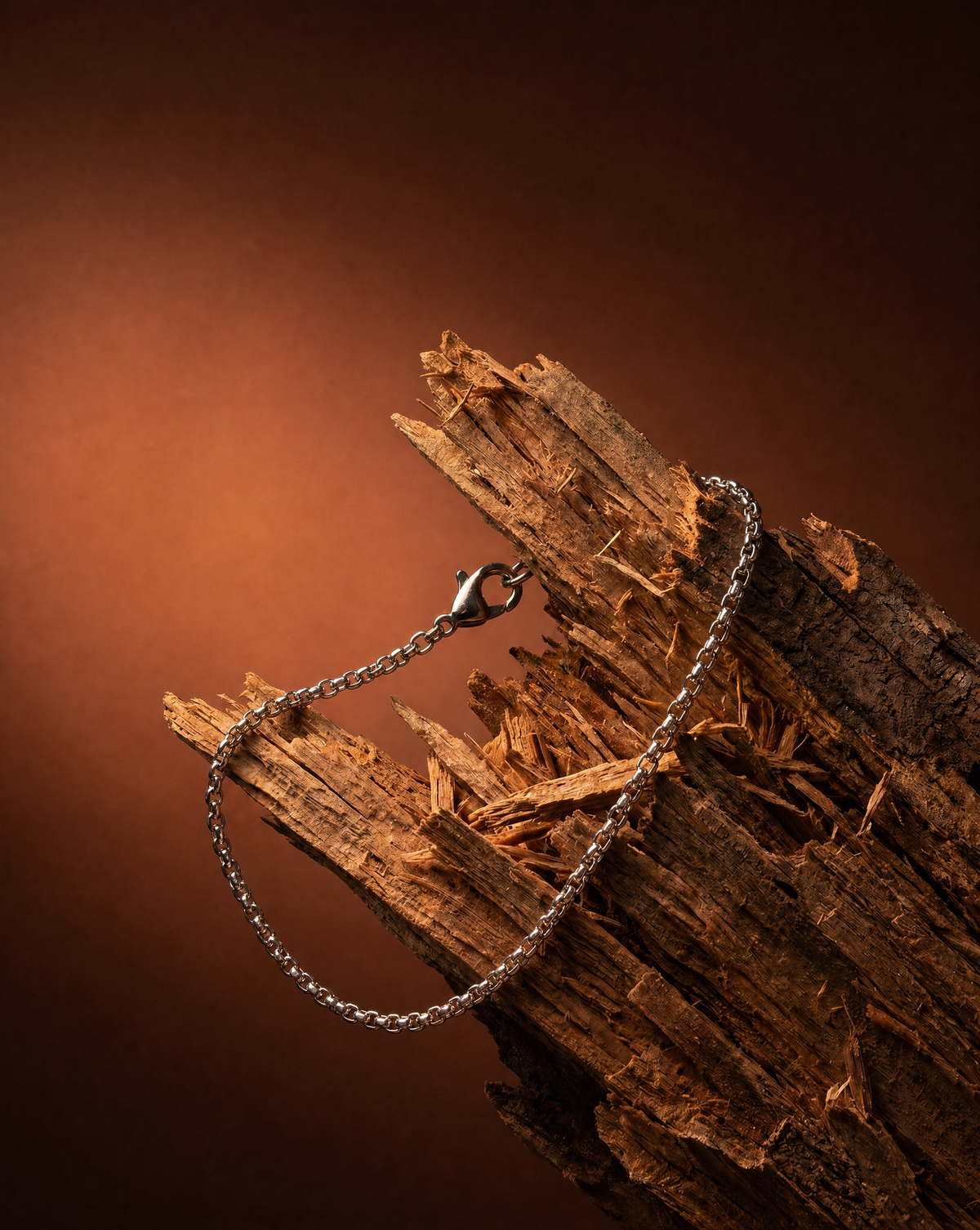 A silver chain bracelet with a lobster clasp, draped over a textured piece of weathered wood against a warm brown gradient background.