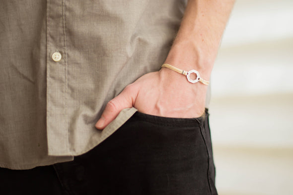 Bracelet for men, silver hexagon charm bracelet for him, black cord, fathers day gift