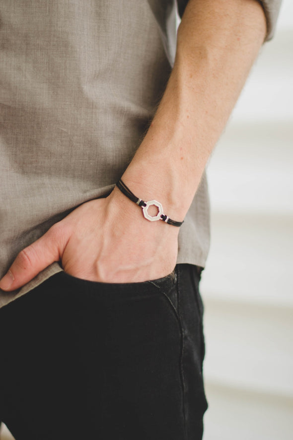 Bracelet for men, silver hexagon charm bracelet for him, beige string, customized handmade fathers day gift