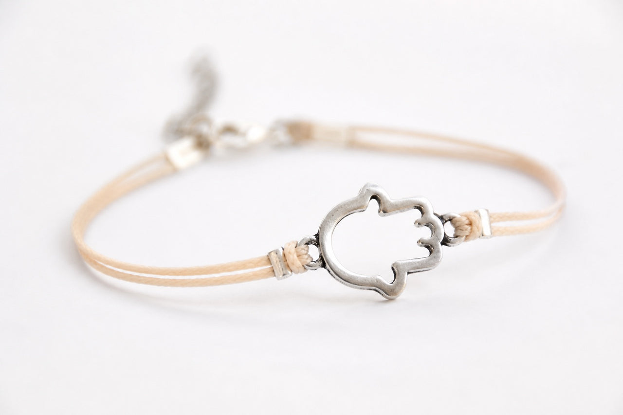 Silver Hamsa bracelet for women, beige cord, spiritual jewelry - shani-adi-jewerly
