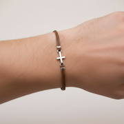 Cross bracelet for men with brown cord, silver charm, Christian gift for him