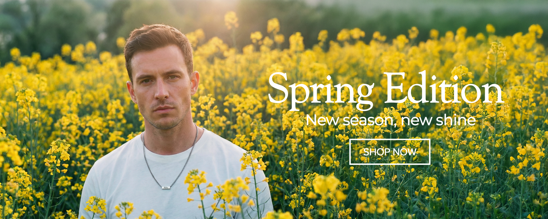 Man standing in a field of yellow flowers Spring collection men necklaces