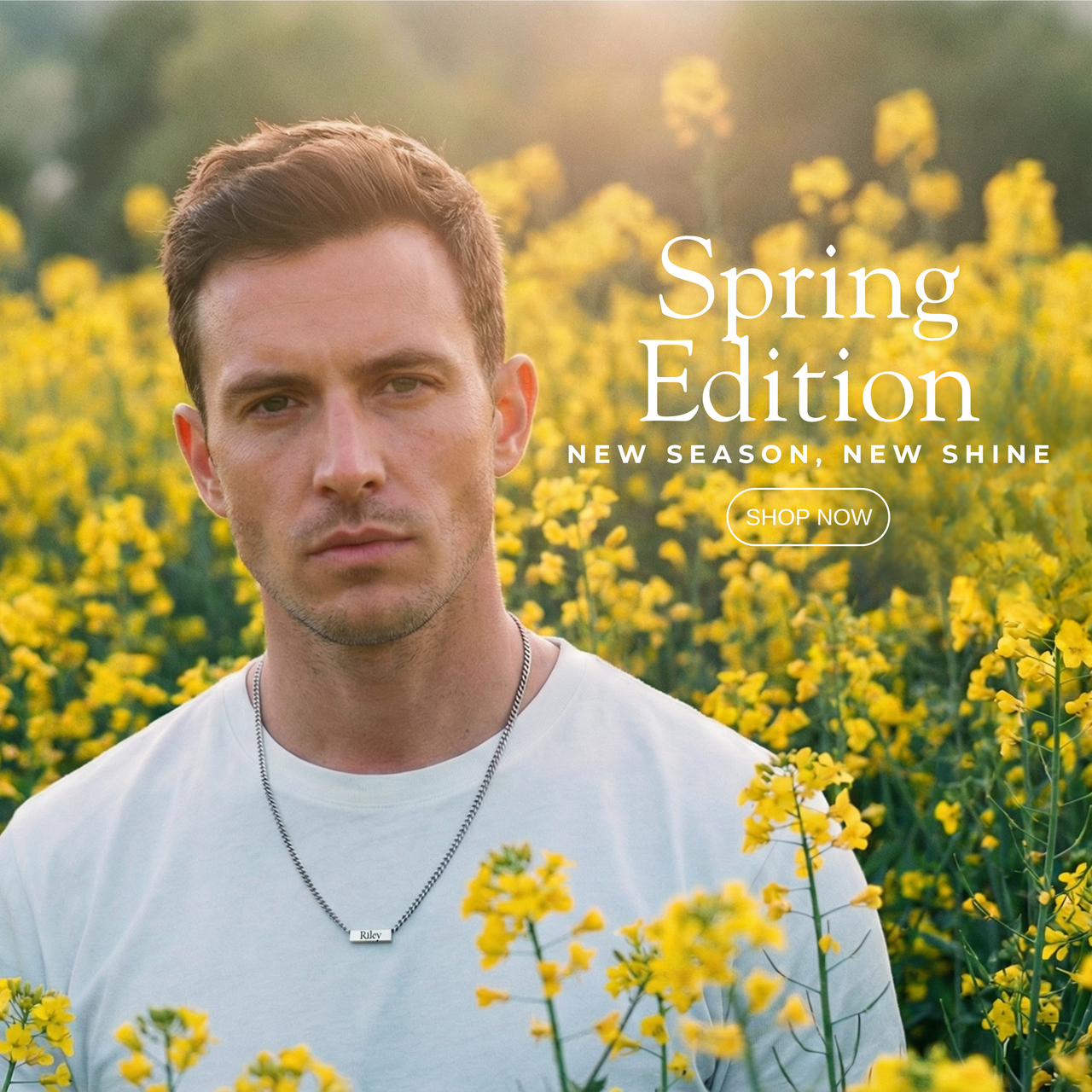 Man standing in a field of yellow flowers with Spring Edition new collection men necklace jewelry bracelets