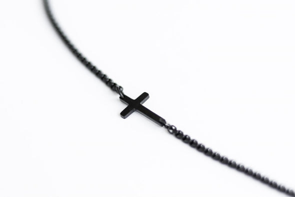 Cross necklace for men, sideways cross, mens necklace waterproof cross pendant, black chain confirmation gift for him, christian catholic