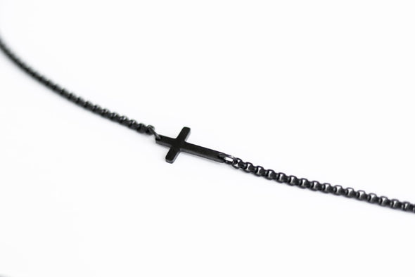 Cross necklace for men, sideways cross, mens necklace waterproof cross pendant, black chain confirmation gift for him, christian catholic