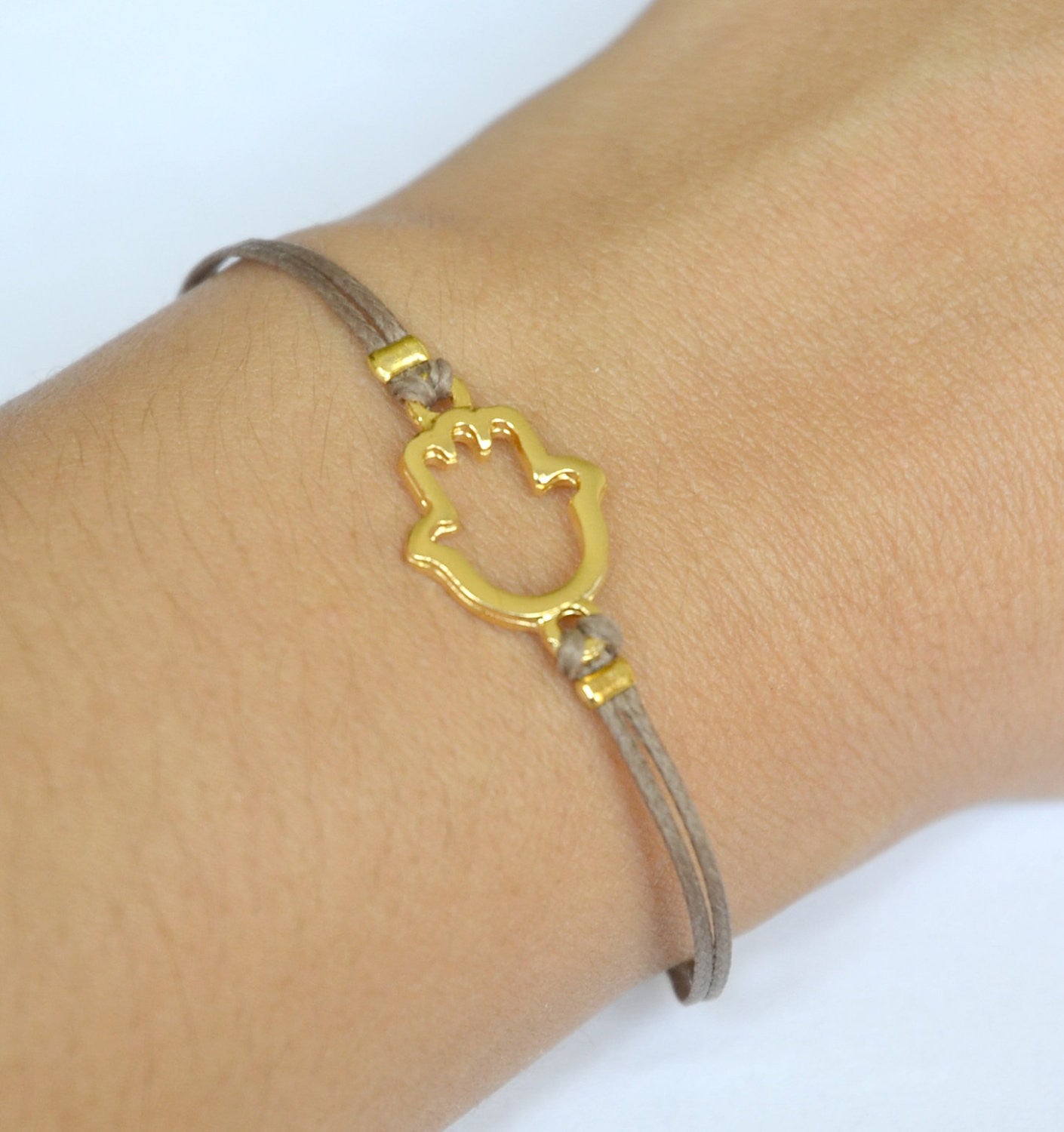 Brown cord bracelet with gold hamsa charm - shani-adi-jewerly