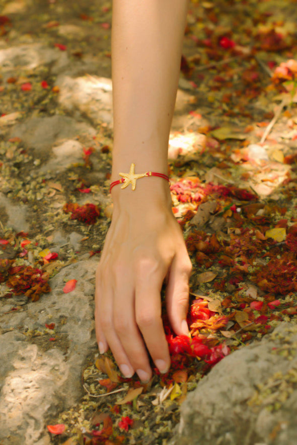 Gold starfish bracelet red cord womens bracelet - shani-adi-jewerly