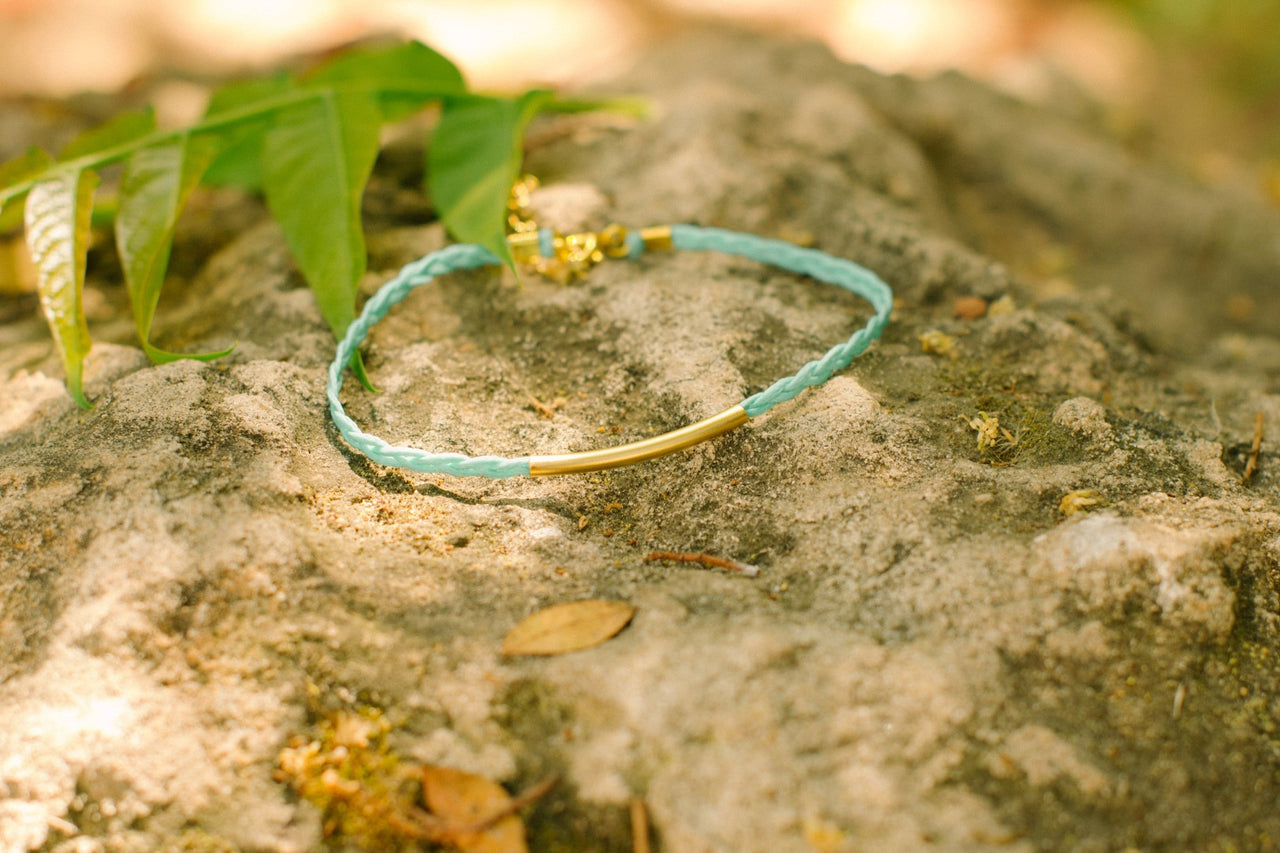 Braided turquoise ankle bracelet with a gold plated long tube - shani-adi-jewerly