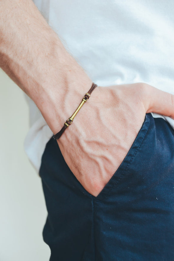 Brown cord bracelet for men with long bronze bar - shani-adi-jewerly