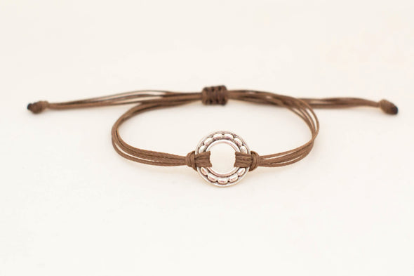 Adjustable silver karma circle bracelet for men, brown cord, yoga jewelry - shani-adi-jewerly